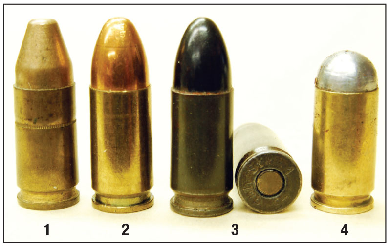 The first 9mm ammunition had a truncated cone bullet (1). In 1915, Germany changed to a round nose (2). Black rounds are sometimes said to be for machine guns (3)  and a roundball target round (4) is from the 1930s.
